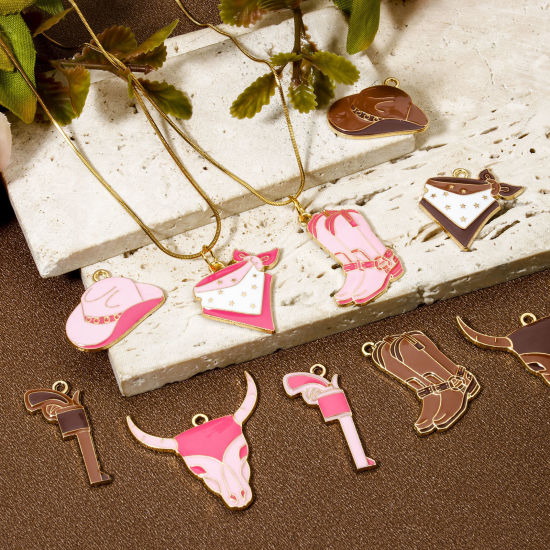 Immagine di 10 Pz Lega di Zinco Cowboy dell'Ovest Ciondoli Oro Placcato Multicolore Stivale Cappello Smalto