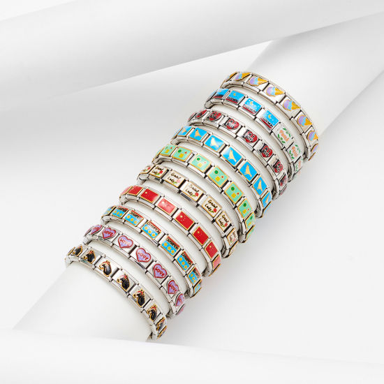 Immagine di 1 Pz 304 Acciaio Inossidabile Bracciale con Charm Italiano a Maglie, Creazione di Gioielli Fai-da-te Tono Argento Rettangolo Smalto 10mm x 9mm