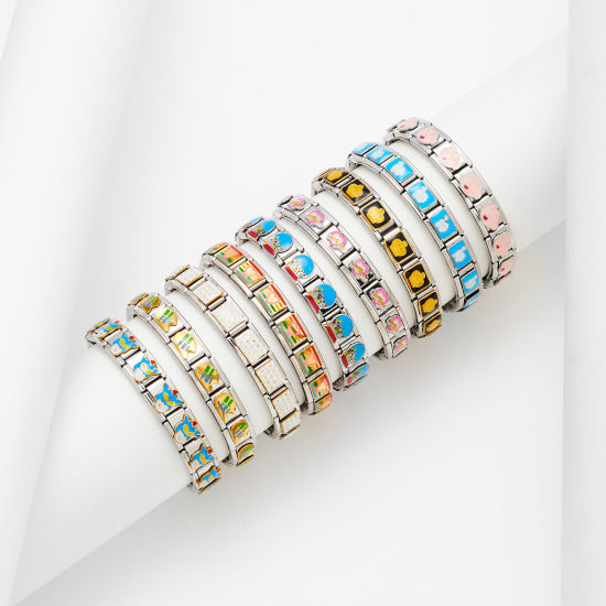 Immagine di 1 Pz 304 Acciaio Inossidabile Bracciale con Charm Italiano a Maglie, Creazione di Gioielli Fai-da-te Tono Argento Rettangolo Smalto 10mm x 9mm