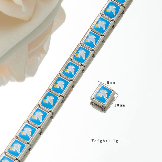 Picture of 304 Stainless Steel Italian Charm Links For DIY Bracelet Jewelry Making Silver Tone Rectangle Enamel 10mm x 9mm