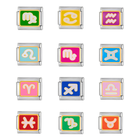 Picture of 304 Stainless Steel Italian Charm Links For DIY Bracelet Jewelry Making Silver Tone Rectangle Constellation Enamel 10mm x 9mm