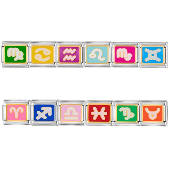 Изображение 1 ШТ 304 Нержавеющая Сталь Очаровательный итальянский браслет со звеньями Изготовление ювелирных изделий своими руками Серебряный Тон Прямоугольник Знак Зодиака С Эмалью 10мм x 9мм