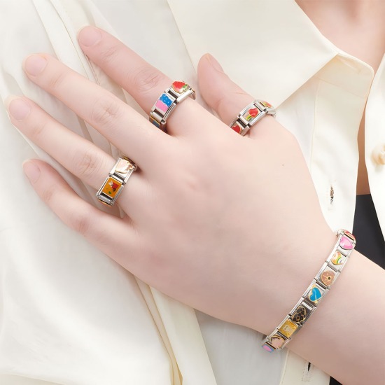 Изображение 1 ШТ 304 Нержавеющая Сталь Очаровательный итальянский браслет со звеньями Изготовление ювелирных изделий своими руками Серебряный Тон Прямоугольник Знак Зодиака С Эмалью 10мм x 9мм