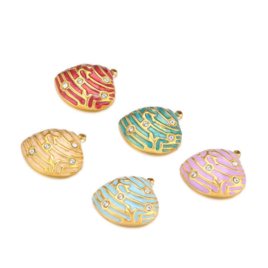 Image de 1 Pièce Breloques en 304 Acier Inoxydable Placage sous Vide Coquille Doré Émail à Strass Transparent 20mm x 19mm