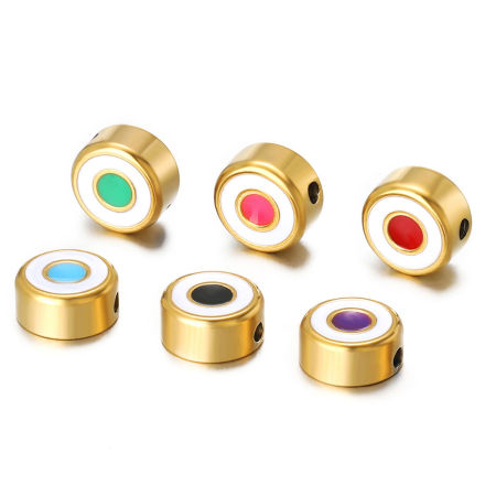 Picture of Vacuum Plating 304 Stainless Steel Beads For DIY Jewelry Making Flat Round Gold Plated Enamel 8.5mm Dia., Hole: Approx 1.5mm