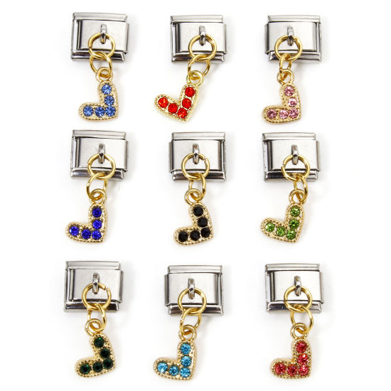 Immagine di 1 Pz Lega di Zinco & Acciaio Inossidabile Bracciale con Charm Italiano a Maglie, Creazione di Gioielli Fai-da-te Oro Placcato & Tono Argento Rettangolo Cuore Micro Spianare 10mm x 9mm