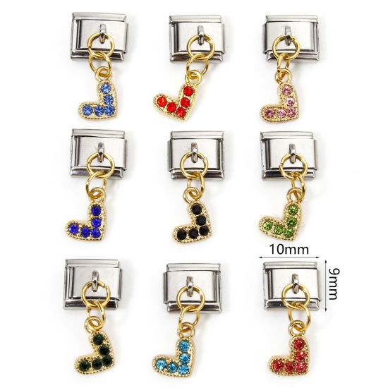Immagine di 1 Pz Lega di Zinco & Acciaio Inossidabile Bracciale con Charm Italiano a Maglie, Creazione di Gioielli Fai-da-te Oro Placcato & Tono Argento Rettangolo Cuore Micro Spianare 10mm x 9mm