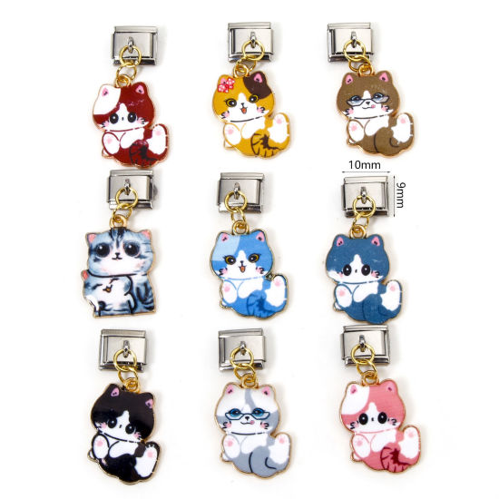 Immagine di 1 Pz Lega di Zinco & Acciaio Inossidabile Bracciale con Charm Italiano a Maglie, Creazione di Gioielli Fai-da-te Oro Placcato & Tono Argento Rettangolo Gatto Smalto 10mm x 9mm