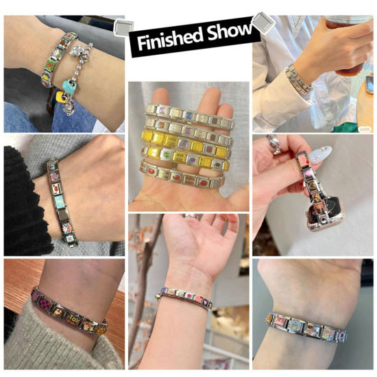 Immagine di 1 Pz Lega di Zinco & Acciaio Inossidabile Bracciale con Charm Italiano a Maglie, Creazione di Gioielli Fai-da-te Oro Placcato & Tono Argento Rettangolo Gatto Smalto 10mm x 9mm