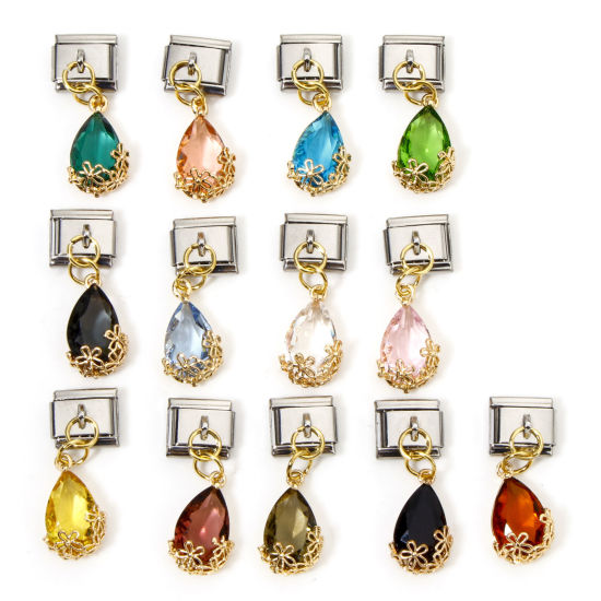 Imagen de 1 Unidad Acero Inoxidable & Latón Charm Pulsera de Eslabones Italianos para Hacer Joyas DIY Oro Plateado & Tono Plata Rectángulo Gota 10mm x 9mm
