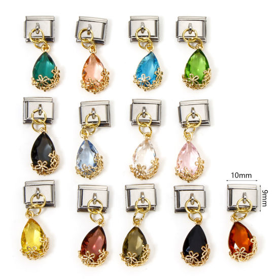 Imagen de 1 Unidad Acero Inoxidable & Latón Charm Pulsera de Eslabones Italianos para Hacer Joyas DIY Oro Plateado & Tono Plata Rectángulo Gota 10mm x 9mm