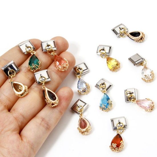 Imagen de 1 Unidad Acero Inoxidable & Latón Charm Pulsera de Eslabones Italianos para Hacer Joyas DIY Oro Plateado & Tono Plata Rectángulo Gota 10mm x 9mm
