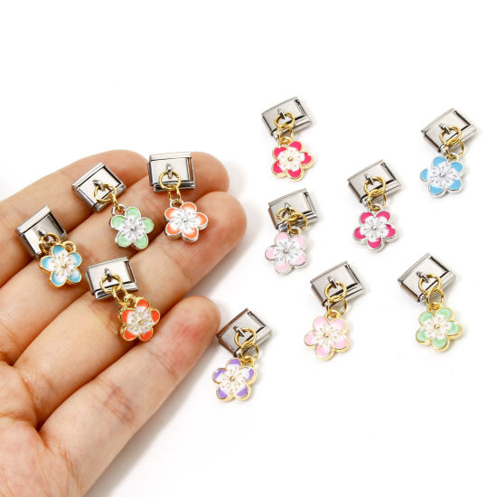 Picture of Zinc Based Alloy & Stainless Steel Italian Charm Links For DIY Bracelet Jewelry Making Gold Plated & Silver Tone Rectangle Cherry Blossom Sakura Flower Double-sided Enamel 10mm x 9mm