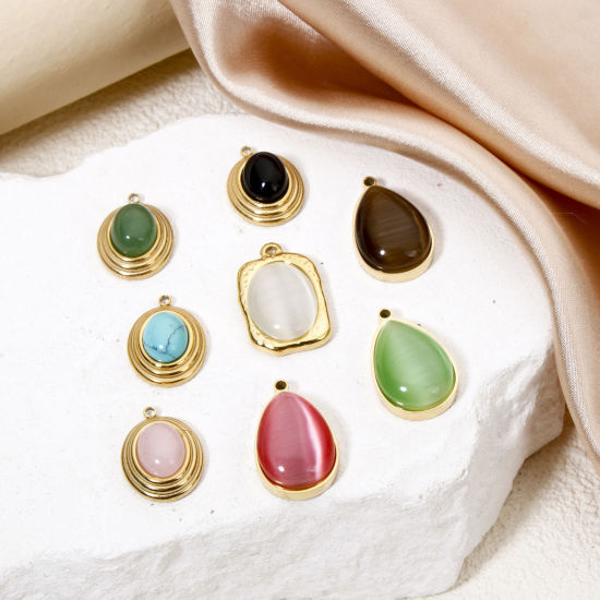 Изображение 1 ШТ Экологически чистое вакуумное покрытие Нержавеющая сталь 304 и Кошачий глаз Камень Богемный стиль Подвески водяная капля Позолоченный Разноцветный