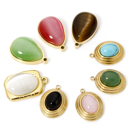 Изображение 1 ШТ Экологически чистое вакуумное покрытие Нержавеющая сталь 304 и Кошачий глаз Камень Богемный стиль Подвески водяная капля Позолоченный Разноцветный