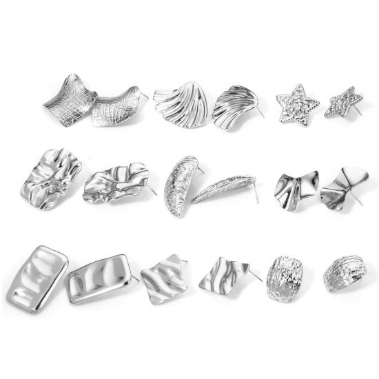 Picture of 1 Pair 304 Stainless Steel Ear Post Stud Earrings Silver Tone Geometric With Stoppers