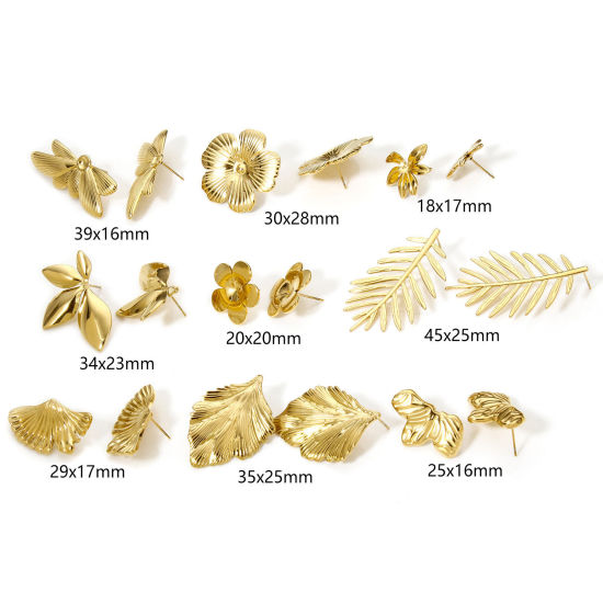 Immagine di 1 Paio Placcatura Sottovuoto 304 Acciaio Inossidabile Orecchini a Perno Placcato Oro 18K Le foglie del Fiore Con Tappi