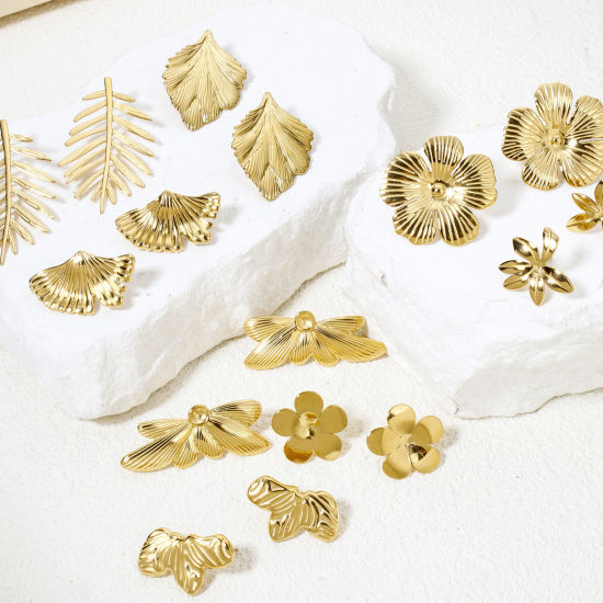 Immagine di 1 Paio Placcatura Sottovuoto 304 Acciaio Inossidabile Orecchini a Perno Placcato Oro 18K Le foglie del Fiore Con Tappi