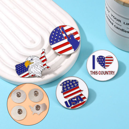 Picture of American Independence Day Pin Brooches Round National Flag Silver Tone Enamel