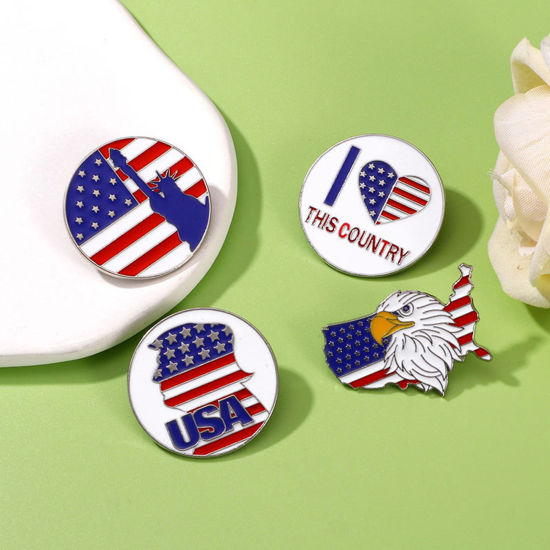 Picture of American Independence Day Pin Brooches Round National Flag Silver Tone Enamel