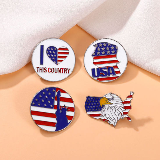 Picture of American Independence Day Pin Brooches Round National Flag Silver Tone Enamel