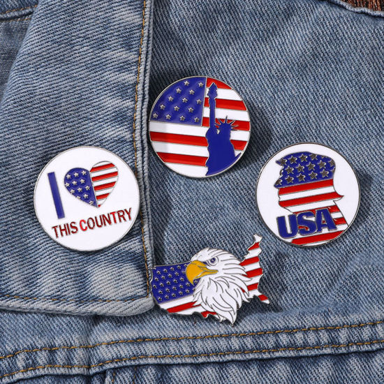 Picture of American Independence Day Pin Brooches Round National Flag Silver Tone Enamel