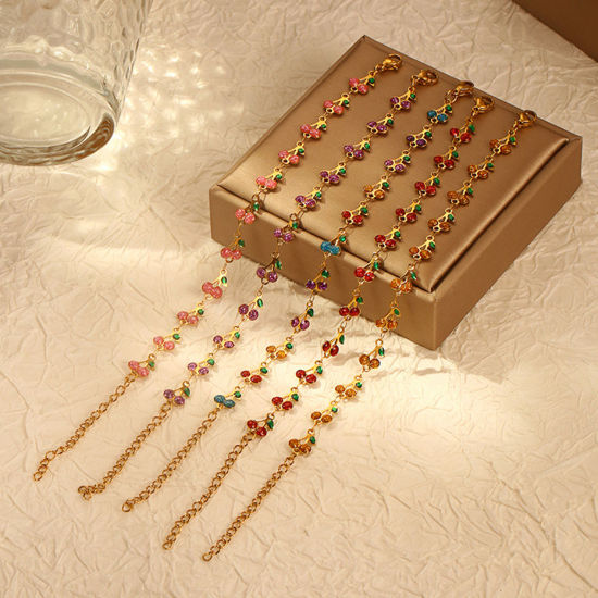 Picture of Vacuum Plating 304 Stainless Steel Boho Chic Bohemia Handmade Link Chain Bracelets 14K Gold Plated Multicolor Cherry Fruit Enamel