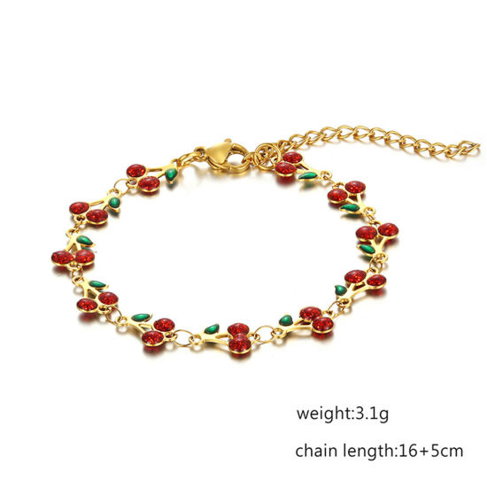 Picture of Vacuum Plating 304 Stainless Steel Boho Chic Bohemia Handmade Link Chain Bracelets 14K Gold Plated Multicolor Cherry Fruit Enamel