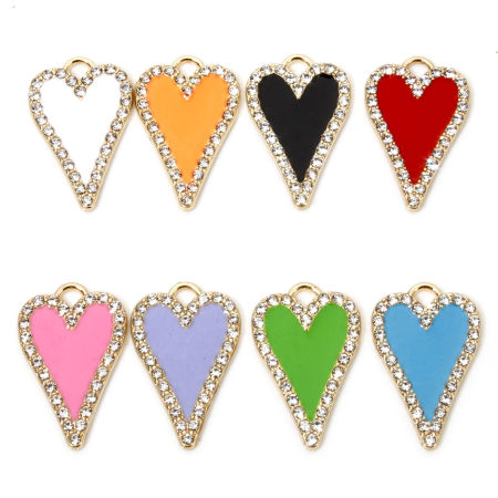 Immagine di 5 Pz Lega di Zinco San Valentino Ciondoli Oro Placcato Multicolore Cuore Trasparente Strass Smalto 26.5mm x 17mm