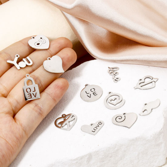 Picture of Eco-friendly 201 Stainless Steel Valentine's Day Charms Silver Tone Heart Spiral Hollow