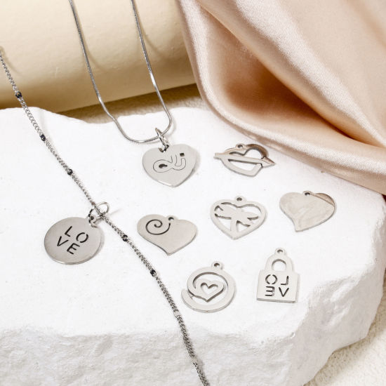 Picture of Eco-friendly 201 Stainless Steel Valentine's Day Charms Silver Tone Heart Spiral Hollow
