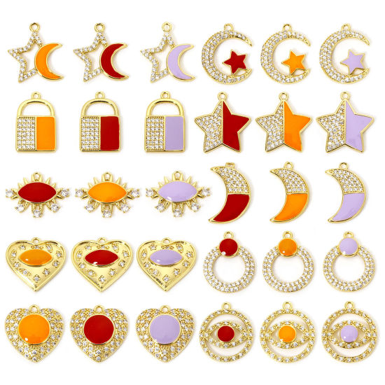 Immagine di 1 Pz Ecologico Ottone Micro Intarsio Ciondoli Luna 18K Vero Oro Placcato Serratura Smalto Trasparente Cubic Zirconiae