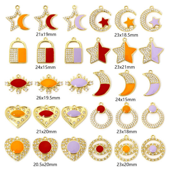 Immagine di 1 Pz Ecologico Ottone Micro Intarsio Ciondoli Luna 18K Vero Oro Placcato Serratura Smalto Trasparente Cubic Zirconiae