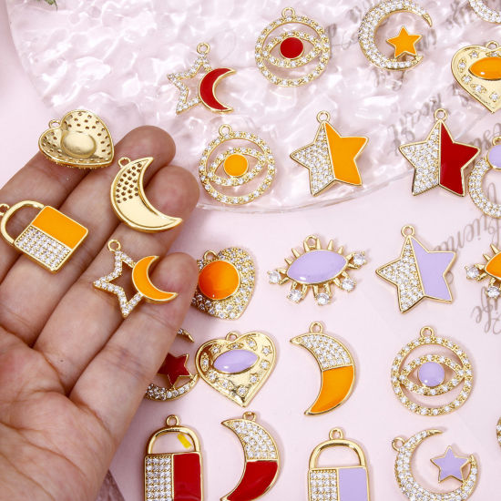 Immagine di 1 Pz Ecologico Ottone Micro Intarsio Ciondoli Luna 18K Vero Oro Placcato Serratura Smalto Trasparente Cubic Zirconiae