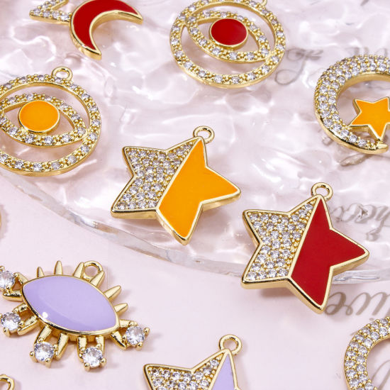 Immagine di 1 Pz Ecologico Ottone Micro Intarsio Ciondoli Luna 18K Vero Oro Placcato Serratura Smalto Trasparente Cubic Zirconiae