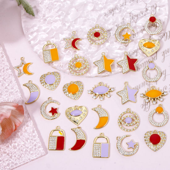 Immagine di 1 Pz Ecologico Ottone Micro Intarsio Ciondoli Luna 18K Vero Oro Placcato Serratura Smalto Trasparente Cubic Zirconiae