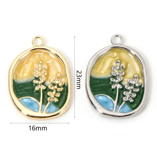 Picture of 1 Piece Eco-friendly Brass Oil Painting Style Charms Real Gold Plated Multicolor Oval Flower Enamel 23mm x 16mm