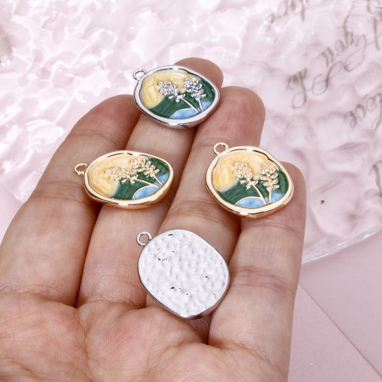 Picture of 1 Piece Eco-friendly Brass Oil Painting Style Charms Real Gold Plated Multicolor Oval Flower Enamel 23mm x 16mm