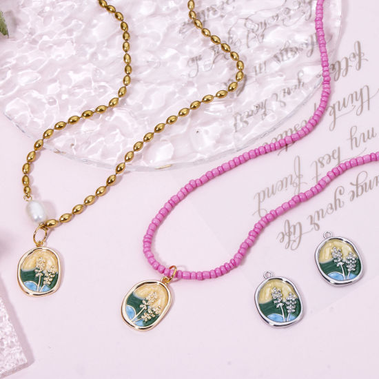 Picture of 1 Piece Eco-friendly Brass Oil Painting Style Charms Real Gold Plated Multicolor Oval Flower Enamel 23mm x 16mm