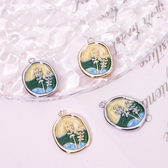 Picture of 1 Piece Eco-friendly Brass Oil Painting Style Charms Real Gold Plated Multicolor Oval Flower Enamel 23mm x 16mm