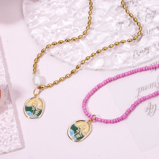 Picture of 1 Piece Eco-friendly Brass Oil Painting Style Charms Real Gold Plated Multicolor Oval Flower Enamel 23mm x 16mm