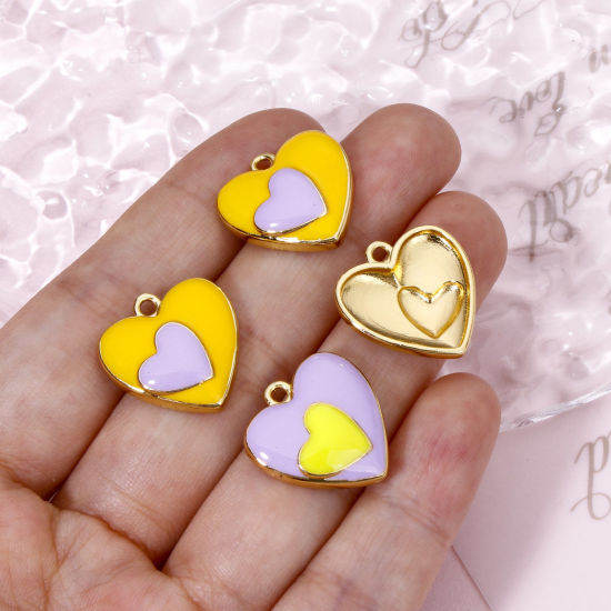 Immagine di 1 Pz Ecologico Ottone San Valentino Ciondoli Cuore 18K Vero Oro Placcato Smalto 19mm x 18mm