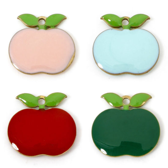 Picture of Brass Enamelled Sequins Charms Original Color Unplated Multicolor Apple Fruit Enamel 12mm x 11.5mm