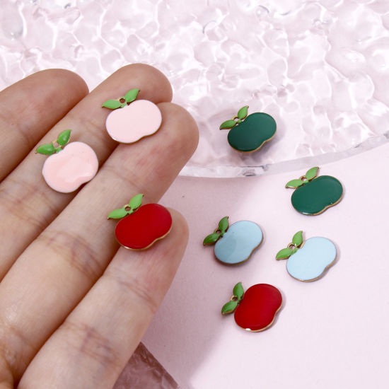 Picture of Brass Enamelled Sequins Charms Original Color Unplated Multicolor Apple Fruit Enamel 12mm x 11.5mm