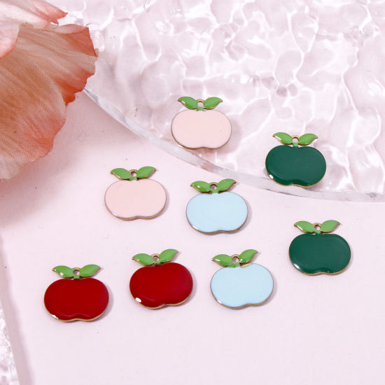 Picture of Brass Enamelled Sequins Charms Original Color Unplated Multicolor Apple Fruit Enamel 12mm x 11.5mm