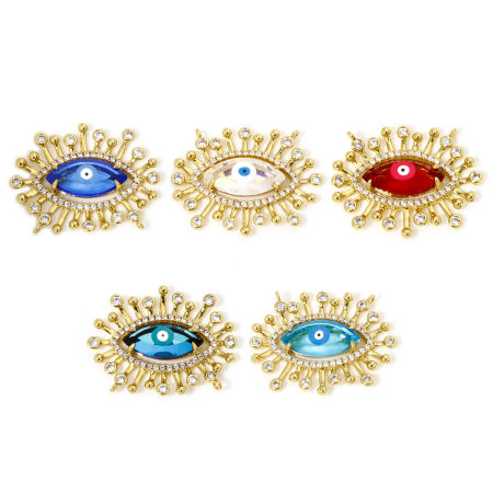 Eco-friendly Brass & Glass Religious Connectors Charms Pendants Evil Eye Eye of Providence/ All-seeing Eye 18K Real Gold Plated Multicolor Micro Pave Clear Cubic Zirconia 28mm x 22mm