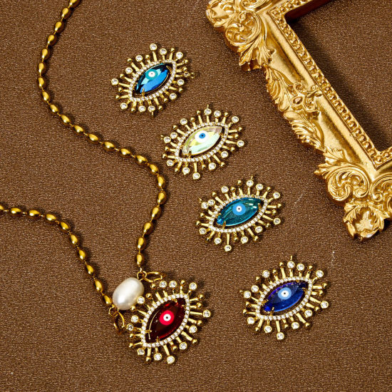 Изображение Eco-friendly Brass & Glass Religious Connectors Charms Pendants Evil Eye Eye of Providence/ All-seeing Eye 18K Real Gold Plated Multicolor Micro Pave Clear Cubic Zirconia 28mm x 22mm