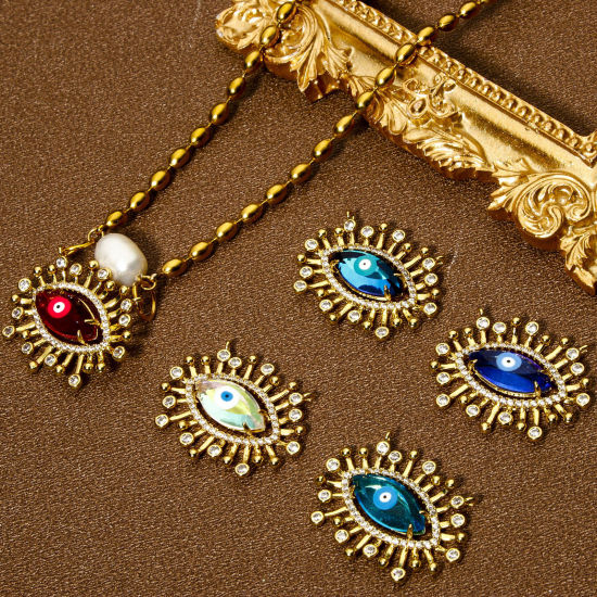 Изображение Eco-friendly Brass & Glass Religious Connectors Charms Pendants Evil Eye Eye of Providence/ All-seeing Eye 18K Real Gold Plated Multicolor Micro Pave Clear Cubic Zirconia 28mm x 22mm