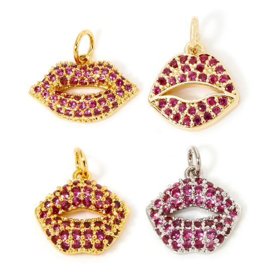 Image de 1 Pièce Breloques Micro Pave en Laiton Respectueux de la Nature Lèvres Plaqué Or Véritable à Zircone Cubique Fuchsia