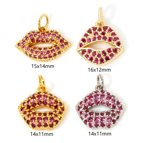 Image de 1 Pièce Breloques Micro Pave en Laiton Respectueux de la Nature Lèvres Plaqué Or Véritable à Zircone Cubique Fuchsia